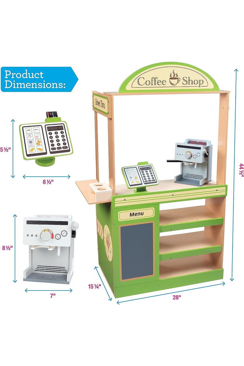 Coffee Shop Wooden Playset - Drive Thru Window Fun - 25 Pieces, Includes Frappuccino w Straws, Espresso Maker, Bread, Pastries, and more!, Alternate, color, Green
