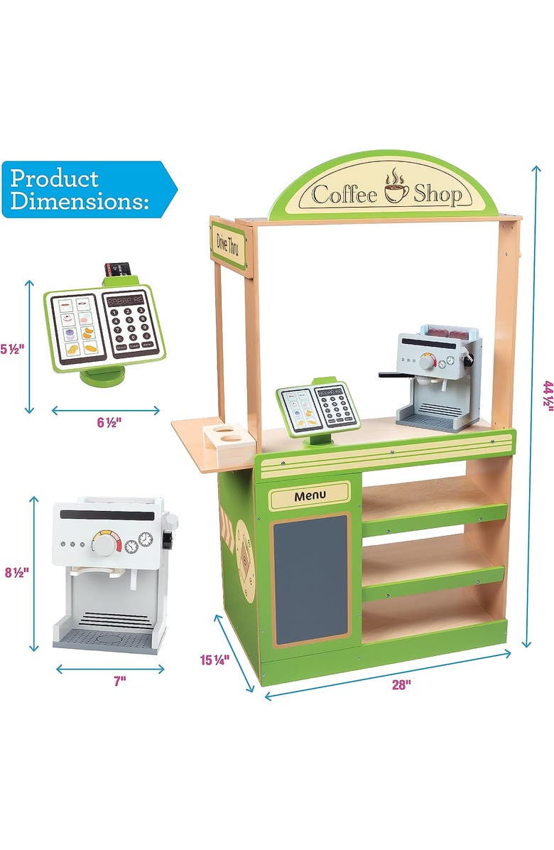 SVAN Coffee Shop Wooden Playset - Drive Thru Window Fun - 25 Pieces, Includes Frappuccino w Straws, Espresso Maker, Bread, Pastries, and more!, Alternate, color, Green