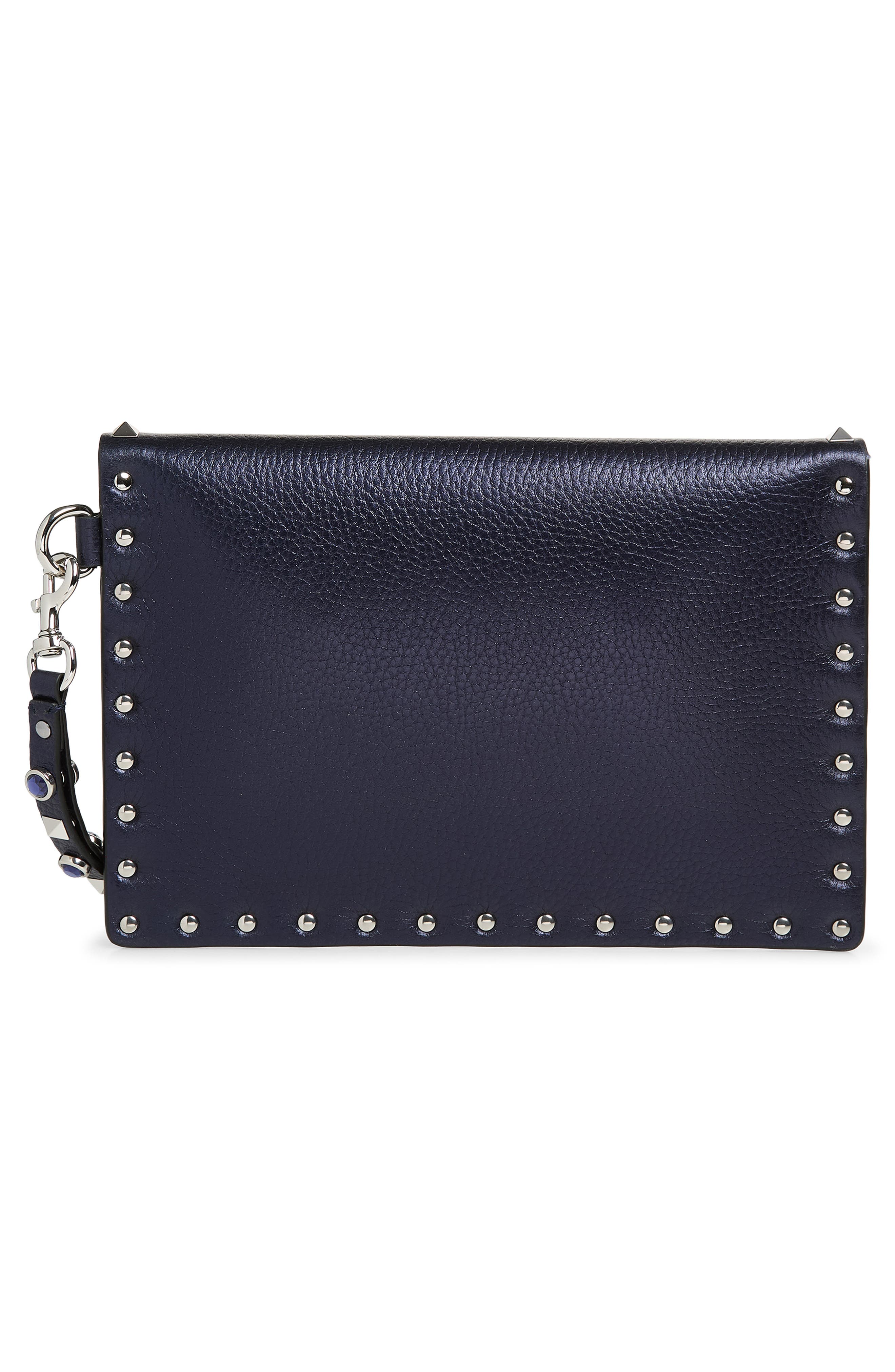 Valentino Garavani Medium Rockstud Flat Leather Wristlet Envelope Pouch, Alternate, color, Navy