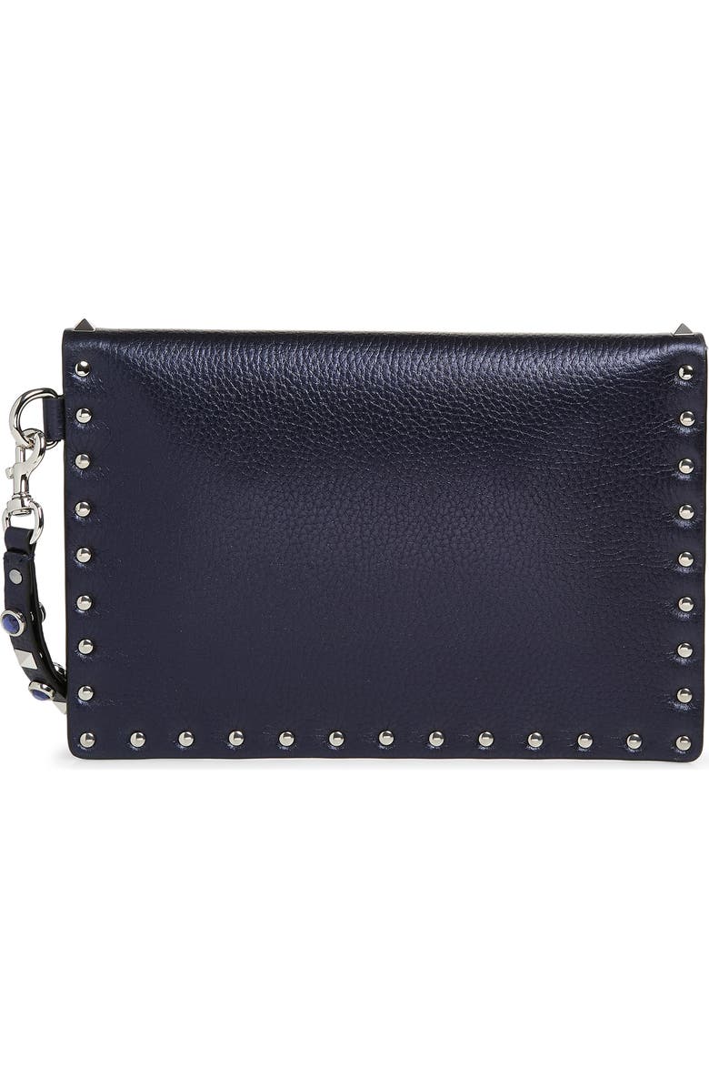 Valentino Garavani Medium Rockstud Flat Leather Wristlet Envelope Pouch, Alternate, color, Navy