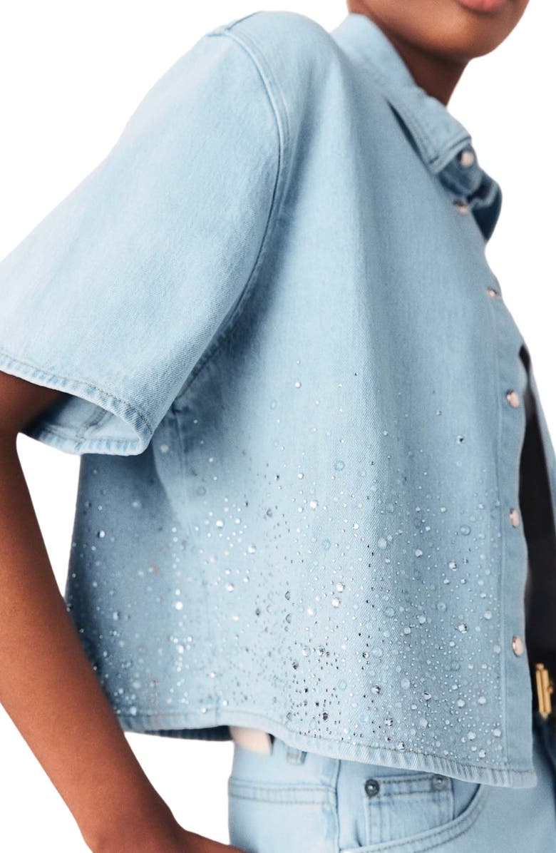 maje Cropped rhinestone denim shirt, Alternate, color, Blue Sky