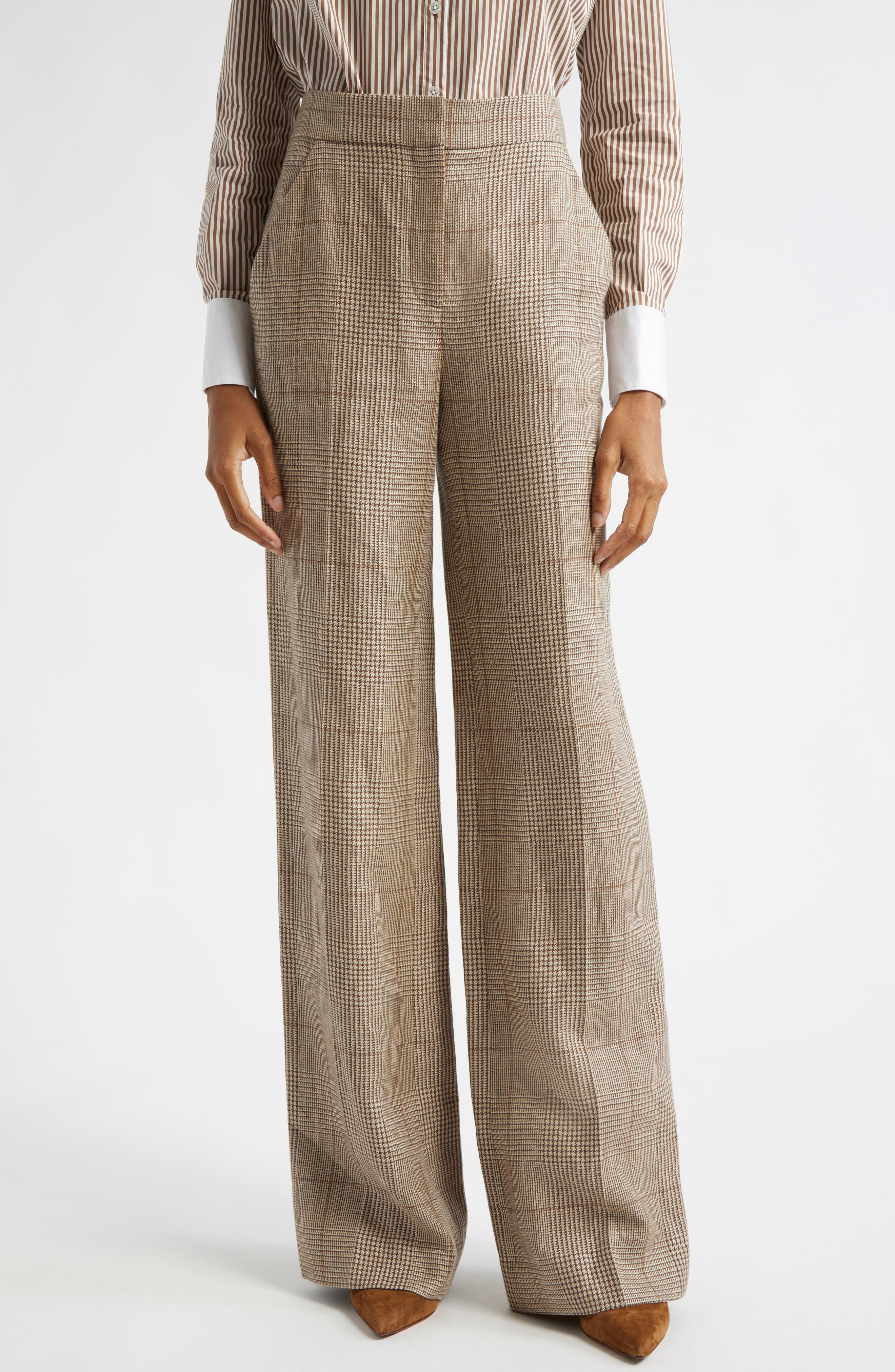 Veronica Beard Tonelli Windowpane Plaid Linen & Cotton Pants