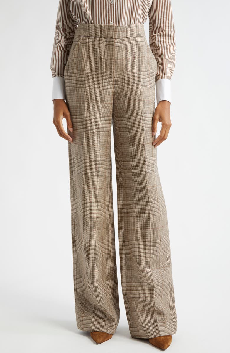 Veronica Beard Tonelli Windowpane Plaid Linen & Cotton Pants, Main, color, Ecru/ Ochre