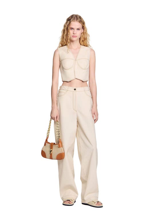 Sandro Denim Cropped Jacket In Sand