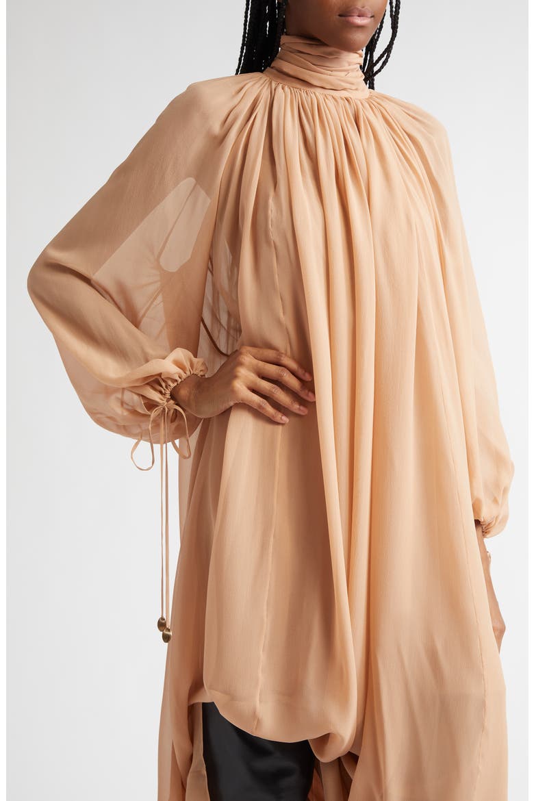 Long Sleeve Silk Georgette Dress, Alternate, color, SAND BROWN