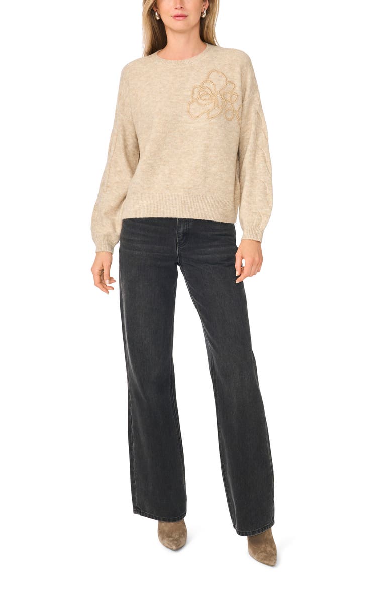 Embroidered Crewneck Sweater, Alternate, color, OATMEAL