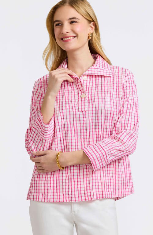 FOXCROFT FOXCROFT SAMMY CHECK CRINKLED COTTON BLEND TOP 