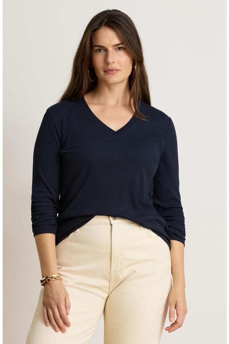 Rib Long Sleeve V-Neck Top, Alternate, color, LAUREN NAVY BLUE