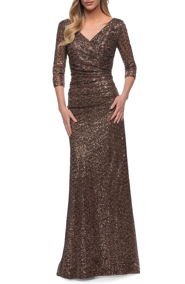 La Femme Ruched Sequin Gown, Main, color, 