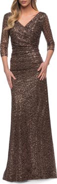 La Femme Three-Quarter Sleeve Sequin Dress with Ruching