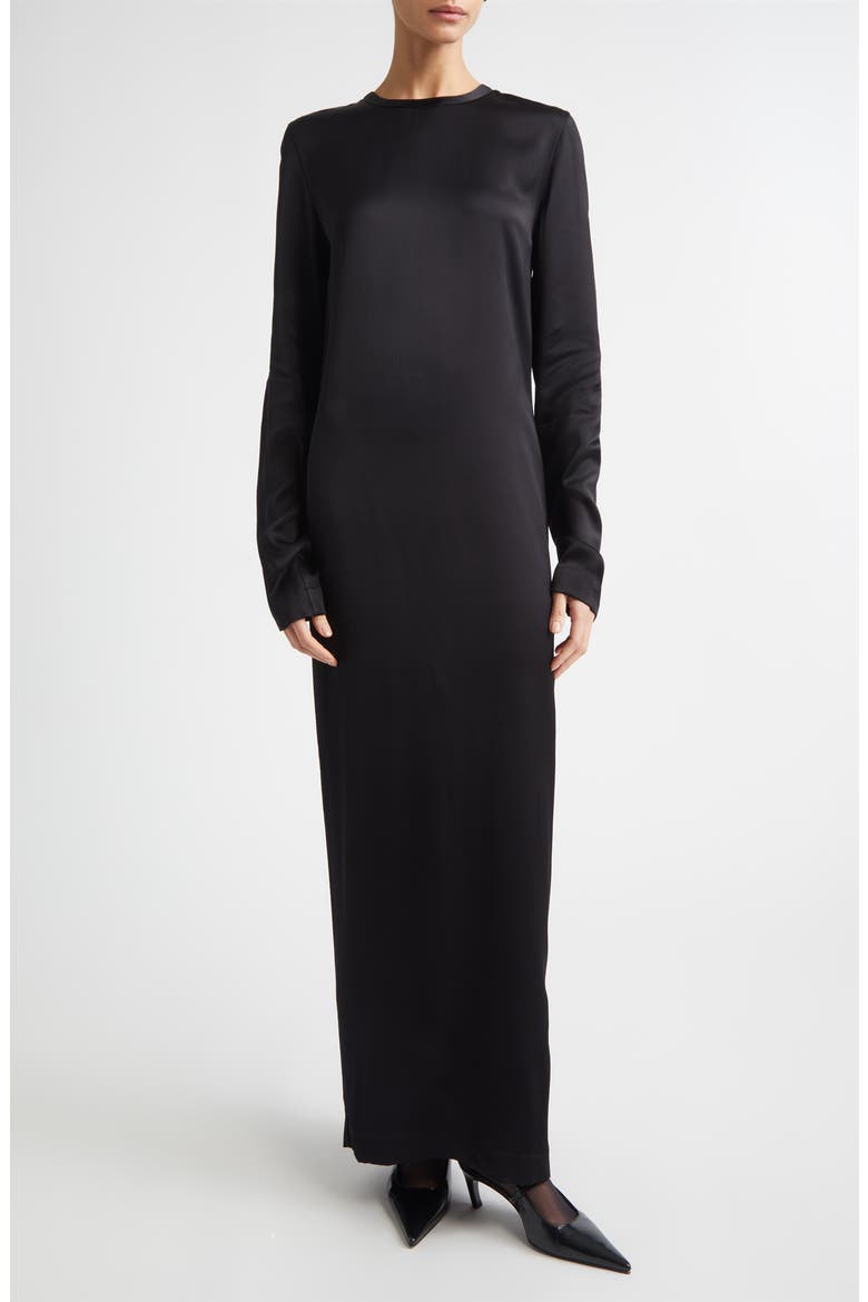 Long Sleeve Satin Dress, Main, color, BLACK