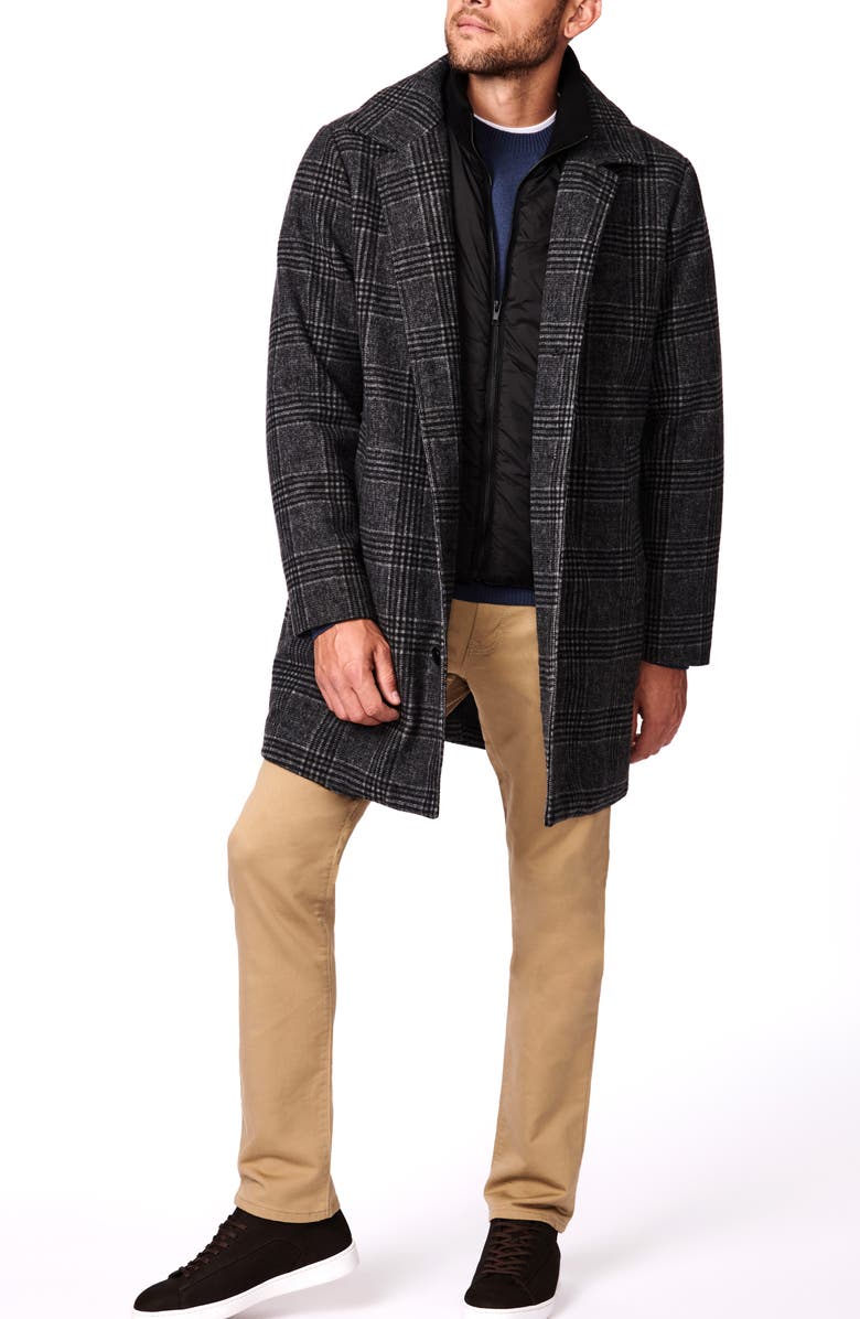 Bernardo Plaid Longline Coat with Ribbed Collar Bib, Alternate, color,