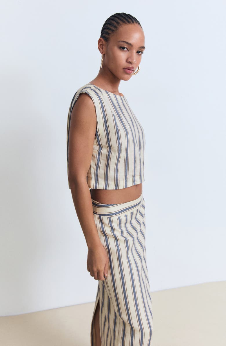 MANGO Stripe Linen Midi Skirt, Alternate, color, Ecru