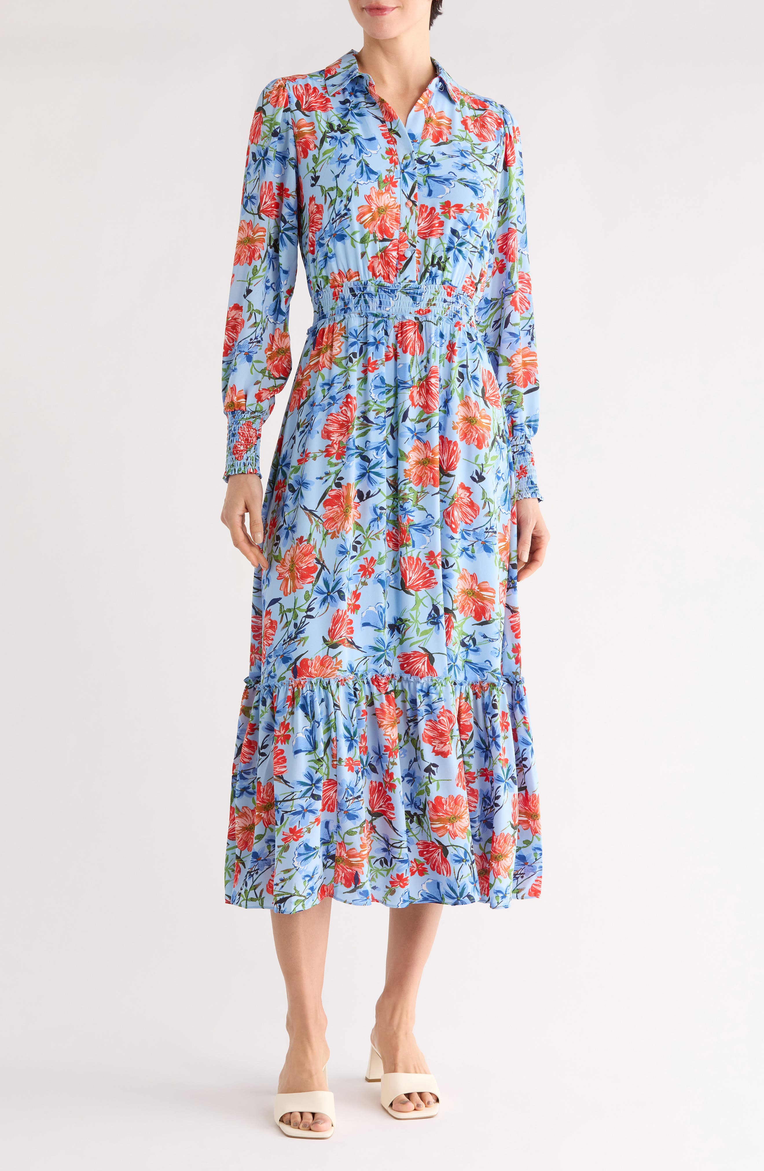 T Tahari Floral Long Sleeve Maxi Shirtdress