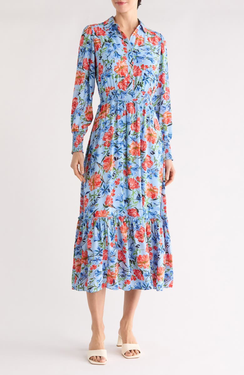 T Tahari Floral Long Sleeve Maxi Shirtdress, Main, color, Water Garden Print