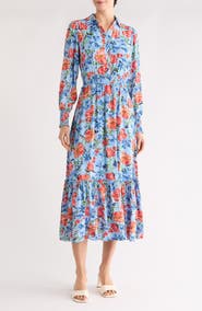 T Tahari Floral Long Sleeve Maxi Shirtdress