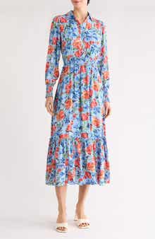 T Tahari Floral Long Sleeve Maxi Shirtdress