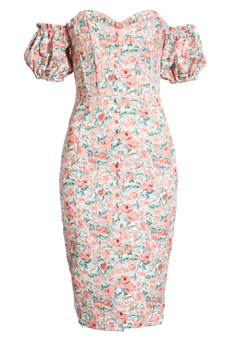 Bonded Floral Off the Shoulder Puff Sleeve Satin Dress, Alternate, color, CORAL FLORAL