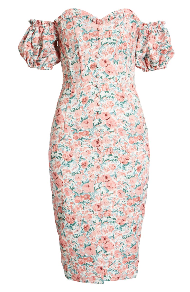 Lavish Alice Bonded Floral Off the Shoulder Puff Sleeve Satin Dress, Alternate, color, 