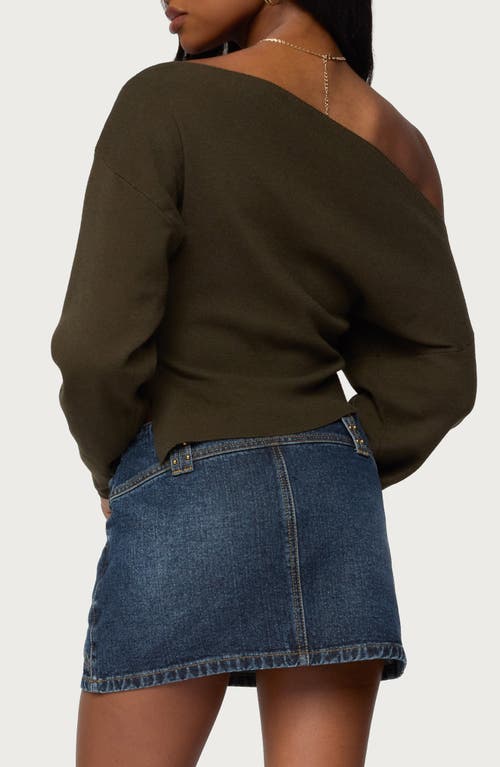 Edikted Chenelle Asymmetric Off The Shoulder Sweater In Green