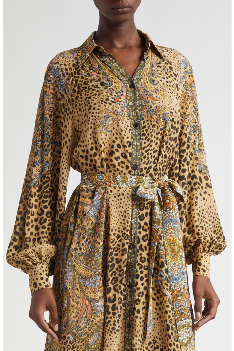 Paisley Leopard Spot Belted Long Sleeve Shirtdress, Alternate, color, DARK BROWN