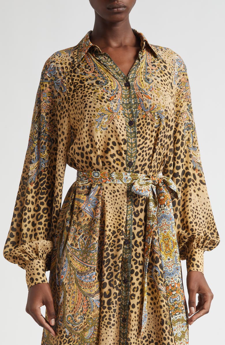 Etro Paisley Leopard Spot Belted Long Sleeve Shirtdress, Alternate, color, Dark Brown