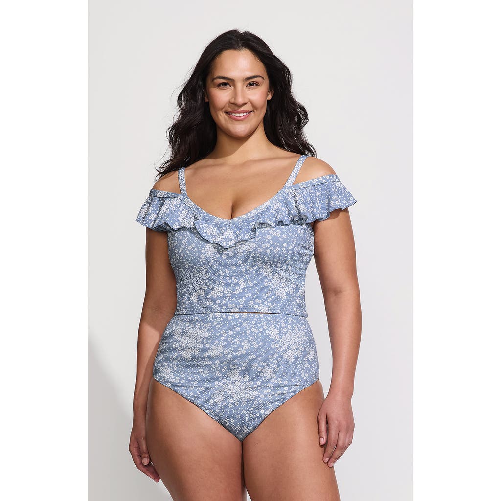 Lands' End Pique Ruffle Tankini Top And High Waisted Bottom Swimsuit Set In Dusk Sky Meadow Ditsy Floral