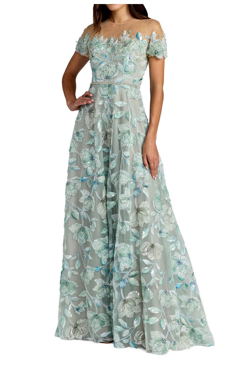 Mac Duggal High Neck Embellished A-Line Gown with Cap Sleeves, Main, color, Sage Multi