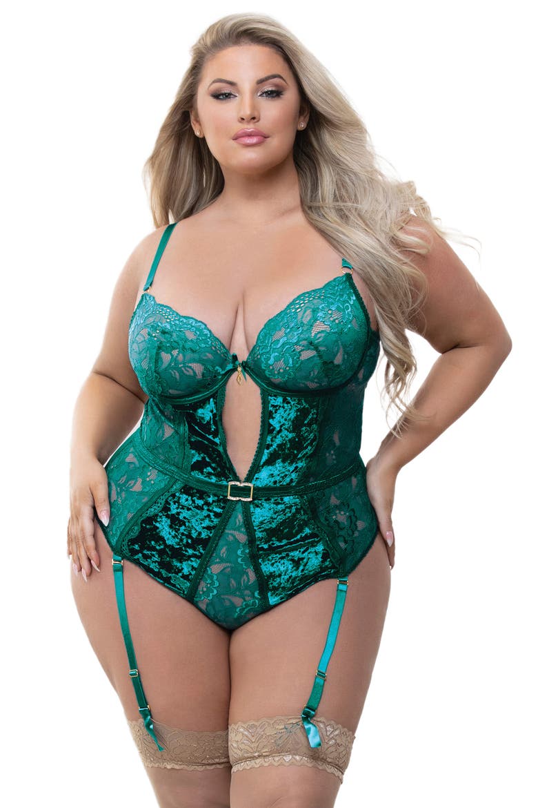 Velvet & Lace Garter Strap Teddy, Alternate, color, GREEN