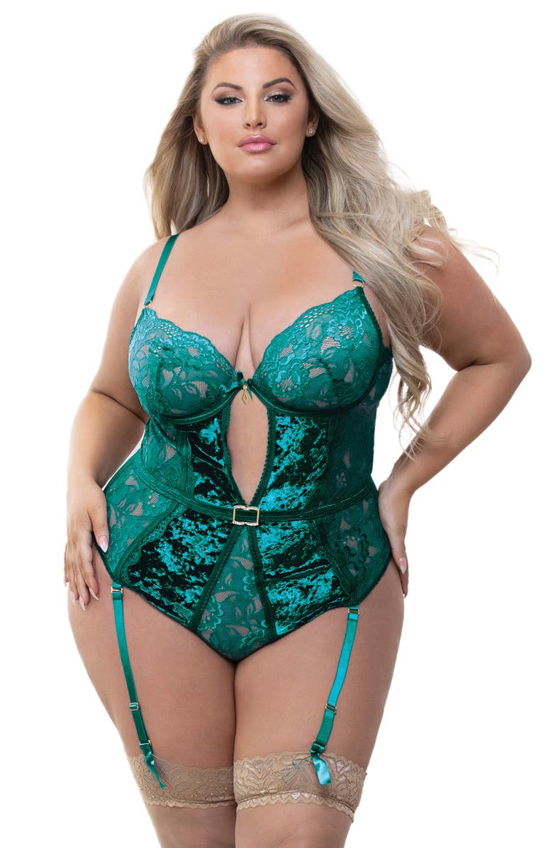 Seven ‘til Midnight Velvet & Lace Garter Strap Teddy, Alternate, color, Green