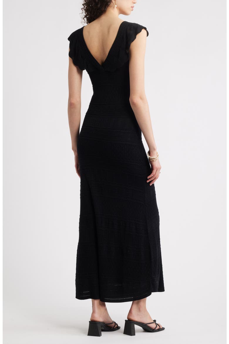 Pointelle Flutter Maxi Sweater Dress, Alternate, color, BLACK
