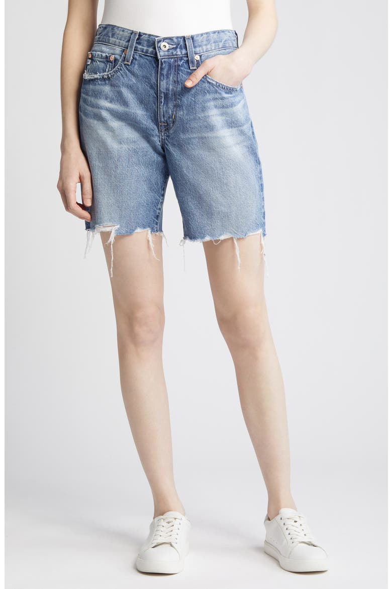 Ex-Boyfriend Raw Hem Mid Length Denim Shorts, Main, color, MYTH