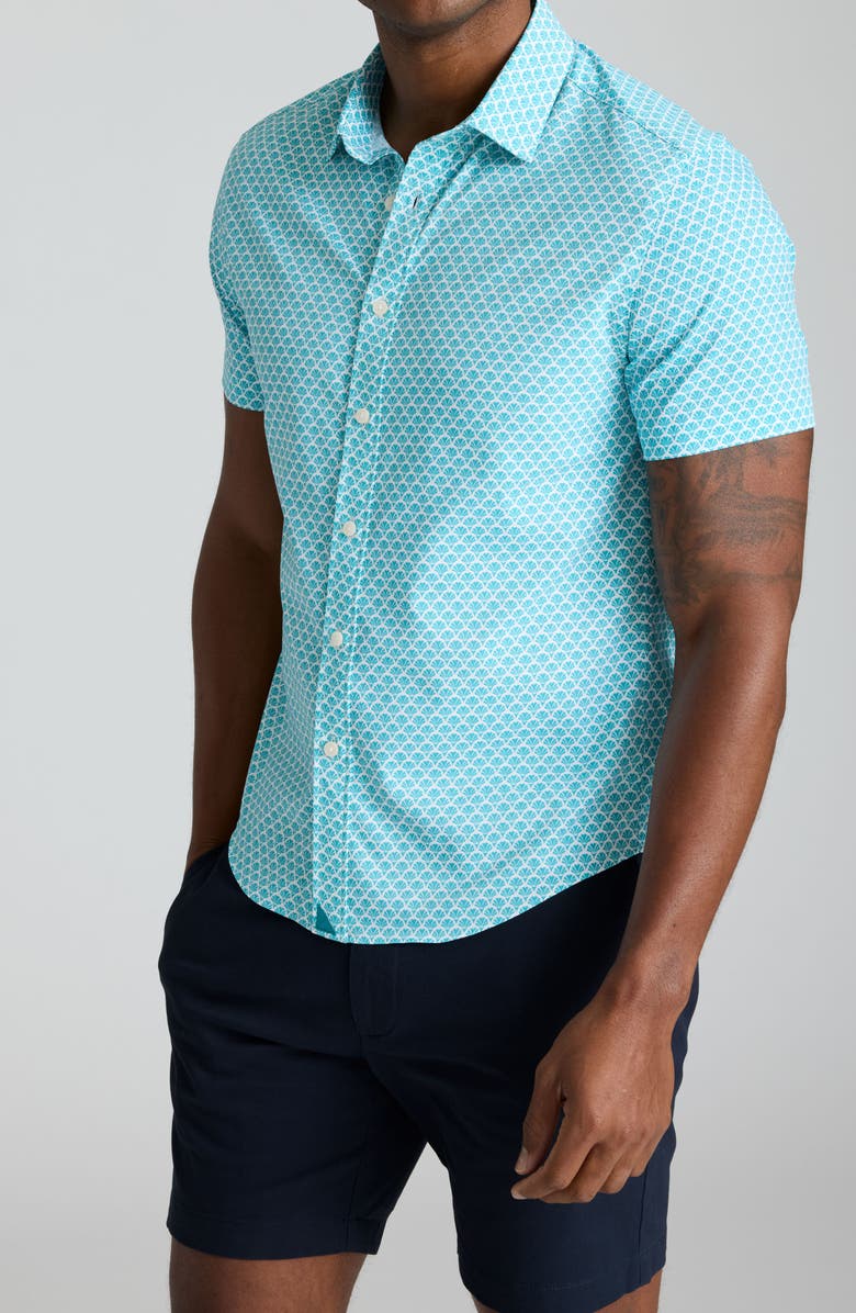 UNTUCKit Abbott Shell Print Short Sleeve Performance Button-Up Shirt, Main, color, Teal White