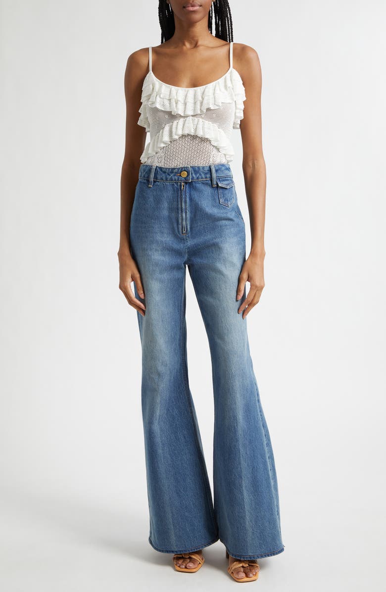 Ulla Johnson Bania Ruffle Trim Crochet Bodysuit, Alternate, color, Pearled Ivory