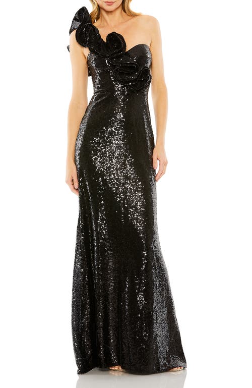 Mac Duggal Sequin Ruffled One Shoulder Gown In Black