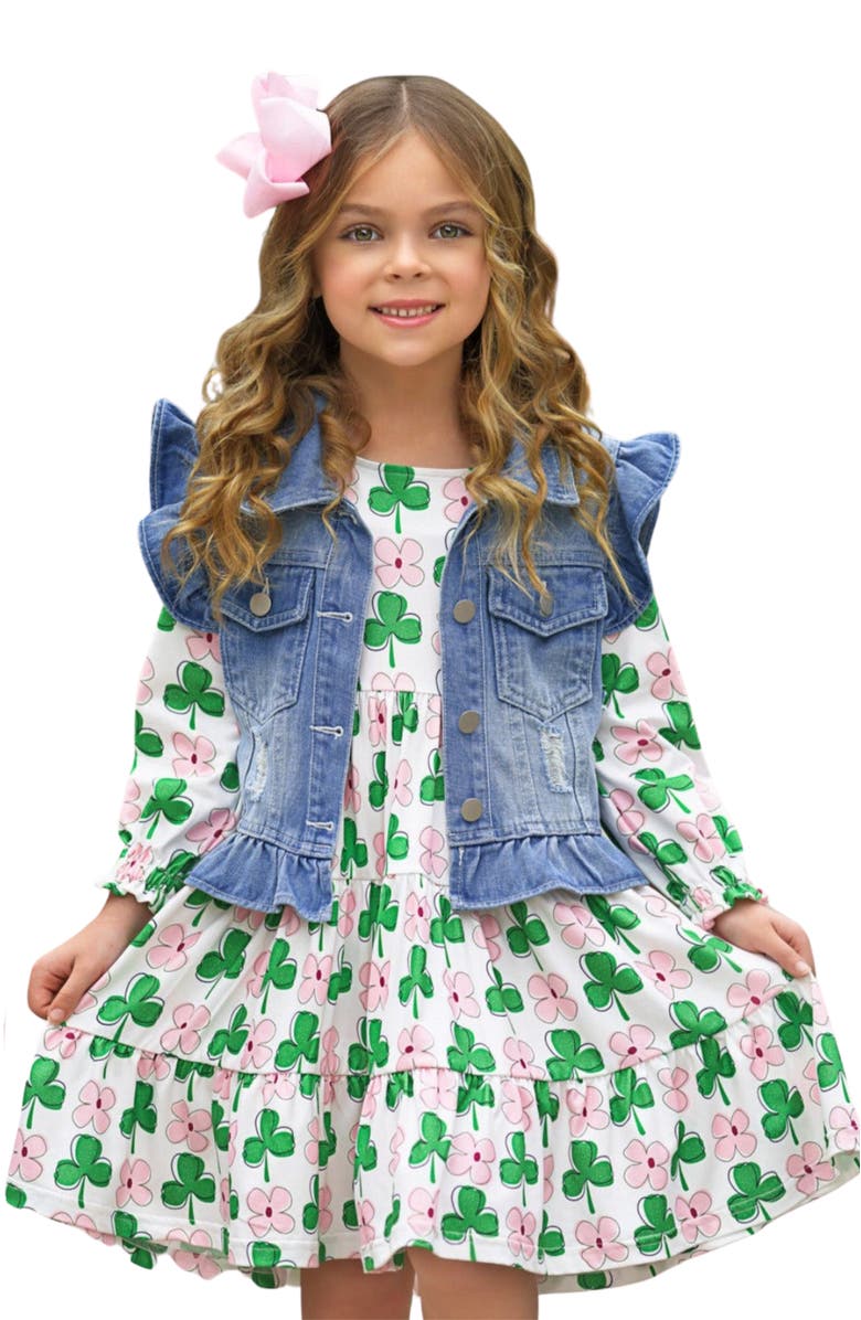 Mia Belle Girls Girls Shamrock Cutie Denim Vest and Clover Dress Set, Main, color,