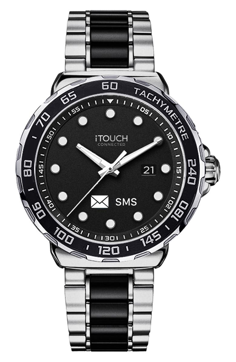 I TOUCH Men's iTouch Connected Hybrid Smartwatch Fitness Tracker: Silver Case with Two Toned Metal Strap, 42mm, Main, color, 