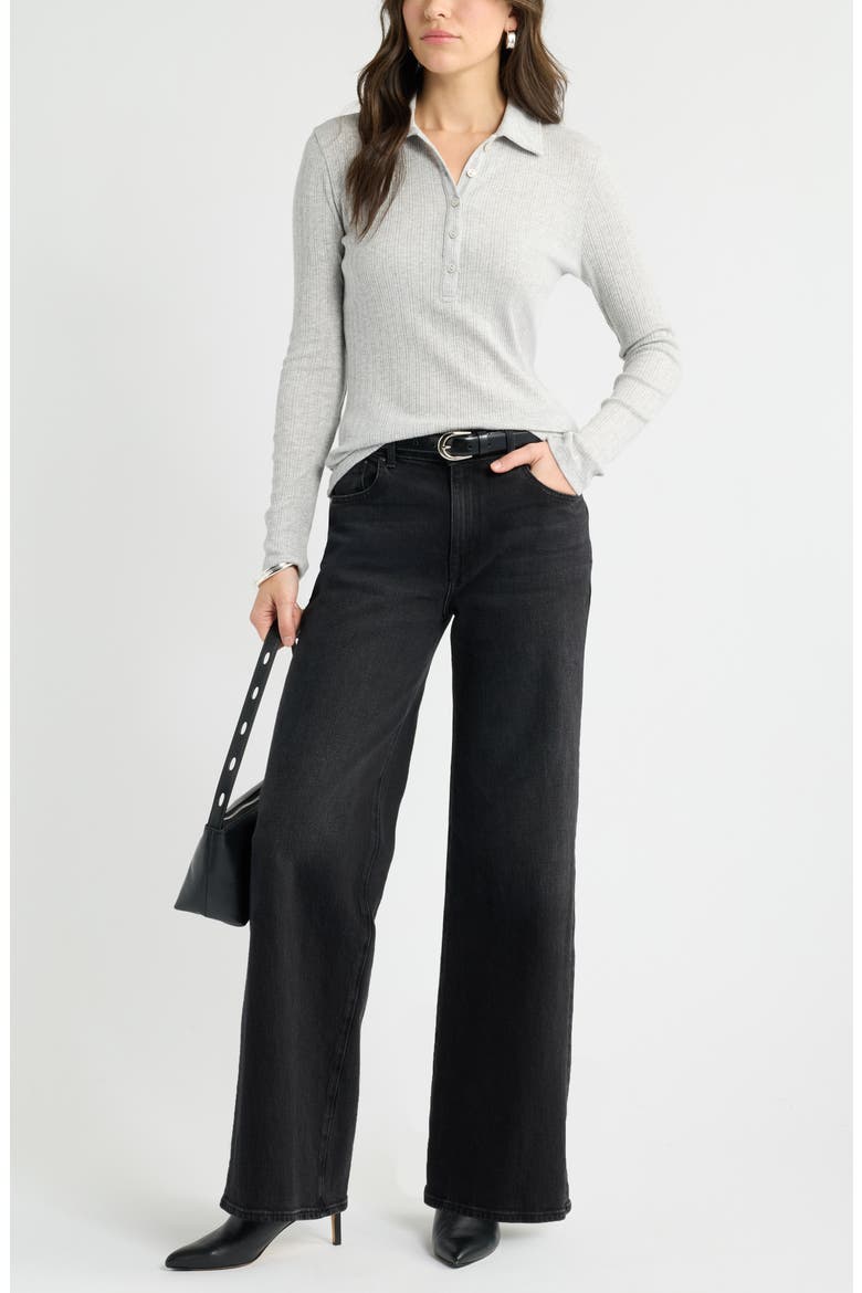 Long Sleeve Rib Polo Top, Alternate, color, GREY LIGHT HEATHER