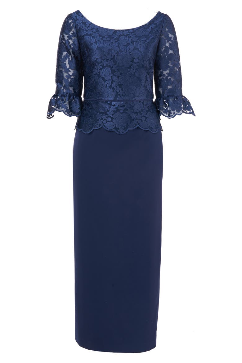 Embroidered Peplum Column Gown, Alternate, color, NAVY