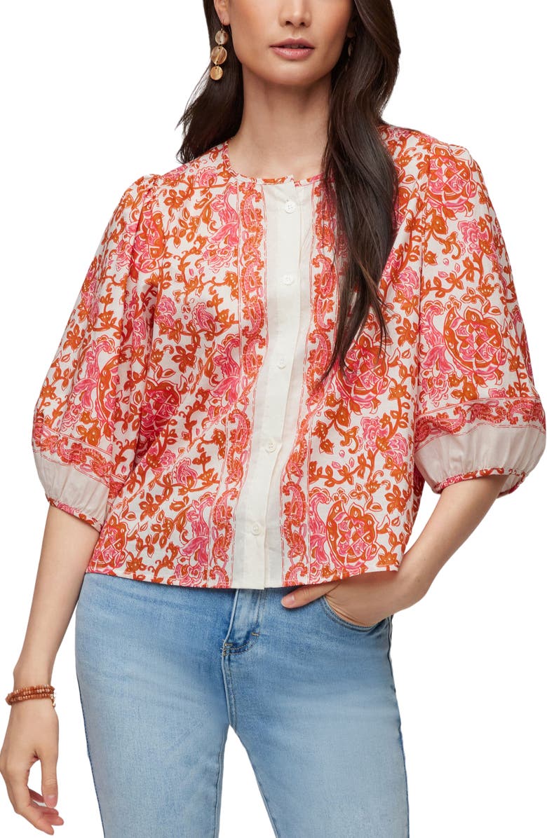 Karen Kane Florentine Print Puff Sleeve Cotton Button-Up Shirt, Main, color, 