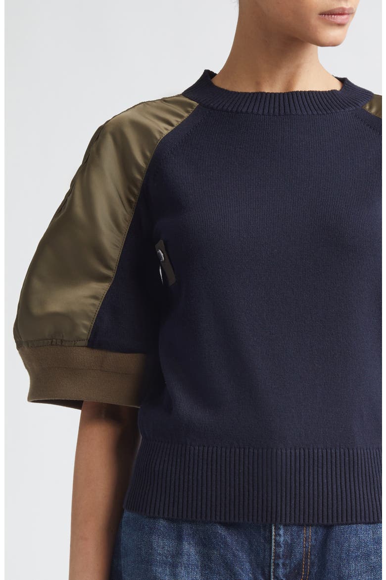Mixed Media Knit & Nylon Twill Cardigan, Alternate, color, NAVY/ DARK KHAKI