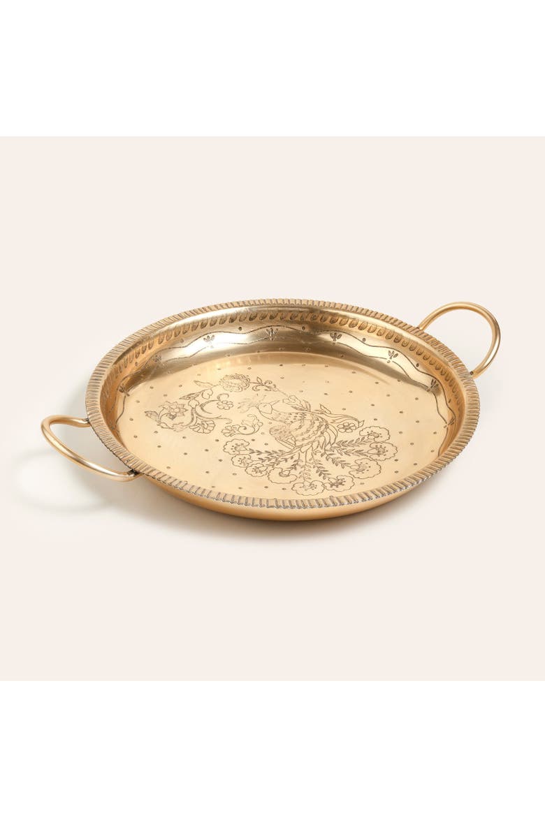 Nanpur Peacock Patterned Handle Round Metal Decorative Tray 17X14X3 In, Alternate, color, Gold