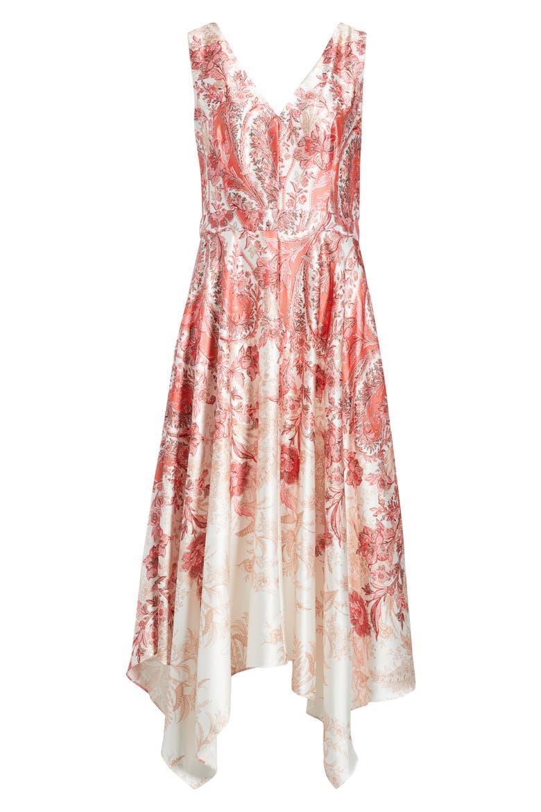 Scarf Print Handkerchief Hem Satin Midi Dress, Alternate, color, CORAL MULTI