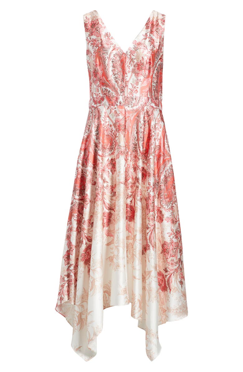 Vince Camuto Scarf Print Handkerchief Hem Satin Midi Dress, Alternate, color, Coral Multi