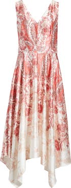 Vince Camuto Scarf Print Handkerchief Hem Satin Midi Dress