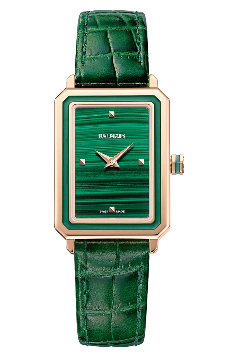 Eirini Leather Strap Watch, 25mm x 33mm, Main, color, GREEN