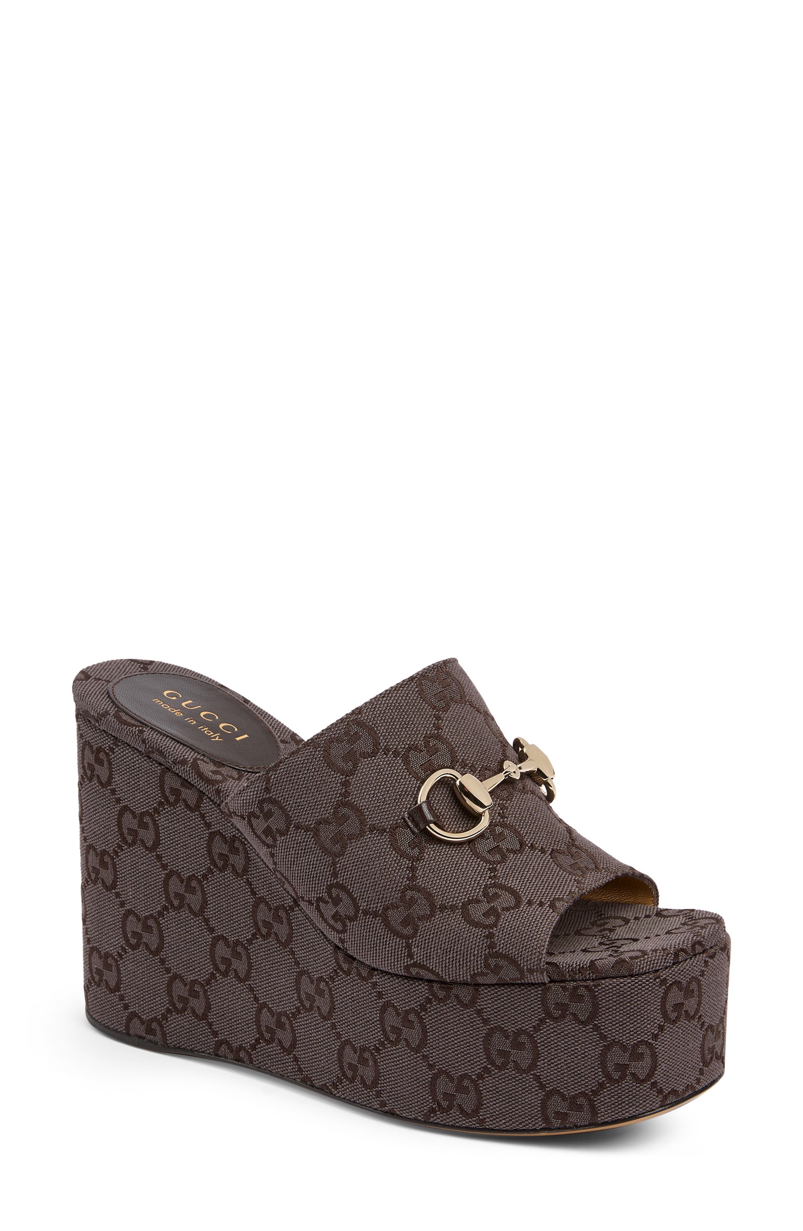 Gucci Carmen Horsebit GG Monogram Platform Wedge Sandal, Main, color, Brown