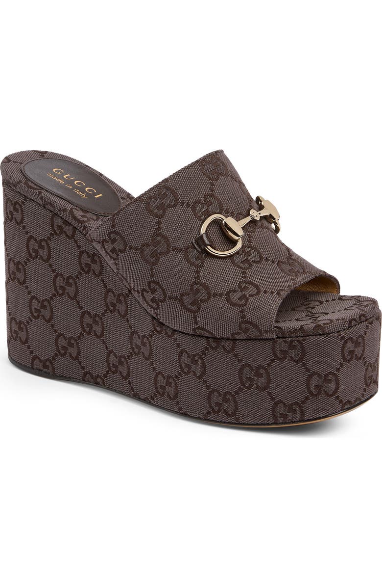 Gucci Carmen Horsebit GG Monogram Platform Wedge Sandal, Main, color, Brown