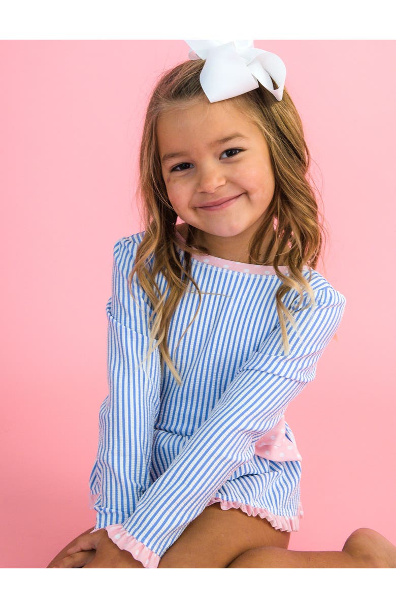 RuffleButts UPF50+ Seersucker Long Sleeve One Piece Bow Peplum Rash Guard Swimsuit, Alternate, color, Periwinkle Blue Seersucker