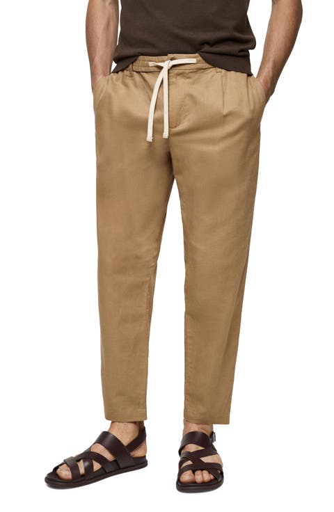 Slim Fit Pleated Crop Linen & Cotton Drawstring Pants